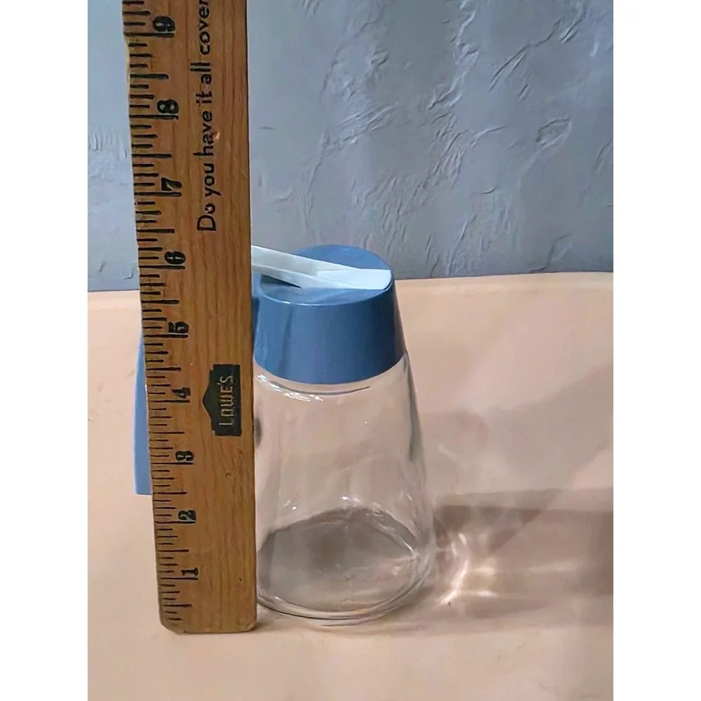 Vintage GEMCO Glass Syrup Dispenser with Blue Plastic Lid and Thumb Lever 6 Inch
